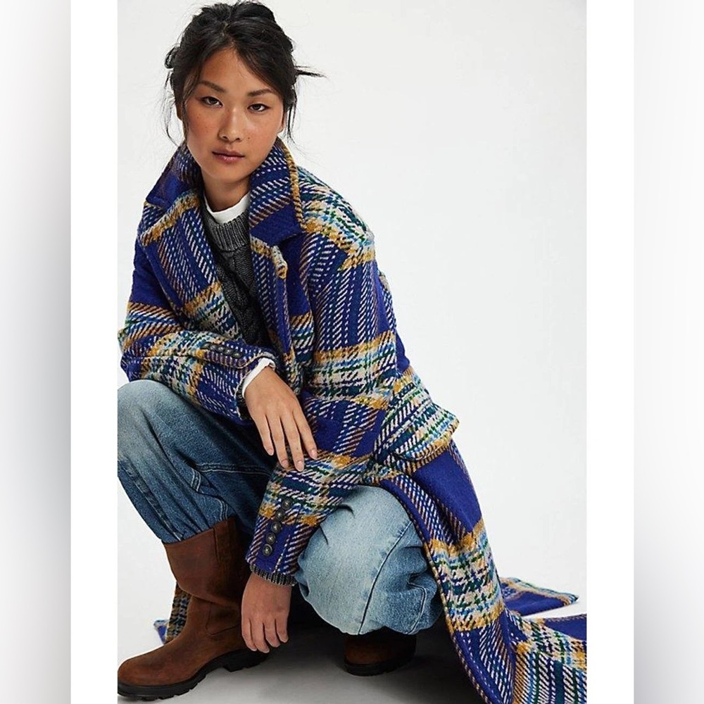 NWT Free People Micah Herringbone Plaid Long Coat - Picture 2 of 5